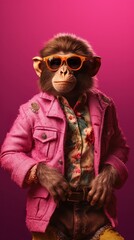 Naklejka premium Retro Fashionable Monkey in 90s Vintage Clothing