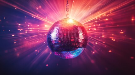 A disco ball hangs from the ceiling with a burst of colorful light around it.