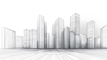 black and white wireframe sketch of a modern cityscape with tall buildings showcasing the architectural design in a simple yet detailed manner