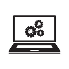 Technical support icon. Computer service. Gears screen laptop. Isolated vector illustration in flat style.