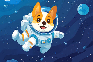 A cheerful cartoon dog in a spacesuit floating in space among planets and stars.