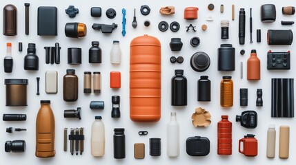 Fototapeta premium Assorted modern containers and accessories on a white background.