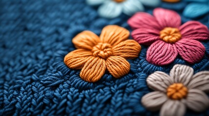 Closeup of crochet stitches forming a floral pattern, delicate lacework, vibrant colors, artisanal craftsmanship, macro shot
