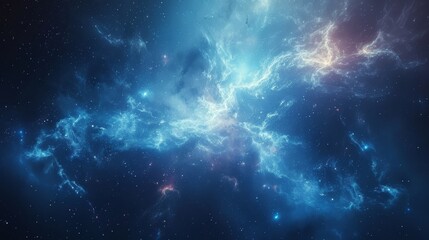 Obraz premium A stunning depiction of a blue galaxy filled with swirling cosmic clouds and distant stars. The ethereal glow and nebula-like formations evoke the vastness and mystery of outer space, perfect for