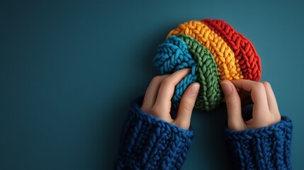 Hands crocheting a vibrant baby hat, intricate stitches and soft textures, cozy and artistic fiber art process