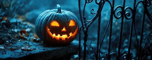 A spooky Halloween pumpkin glowing in the darkness with a creepy smile, surrounded by a chilling atmosphere and eerie setting.