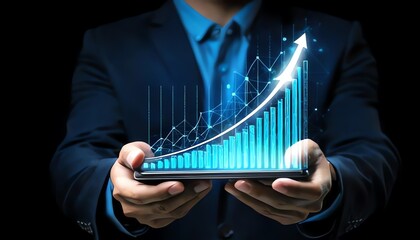 A business professional holds a smartphone displaying a rising graph, symbolizing growth and success in the digital economy.