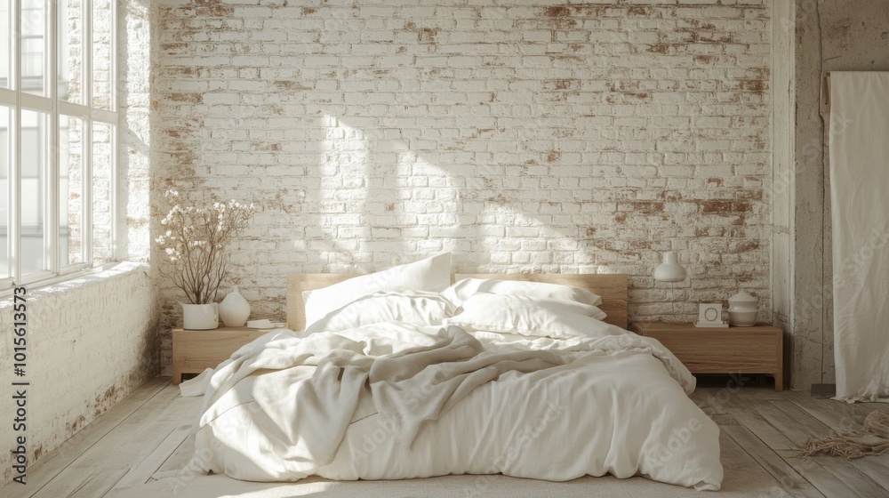 Poster this cozy bedroom features a wooden bed with soft bedding, illuminated by natural light streaming th