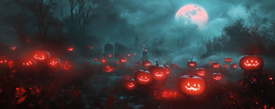 A spooky pumpkin patch under a full moon, glowing orange jack-o'-lanterns create an eerie atmosphere in a misty graveyard.