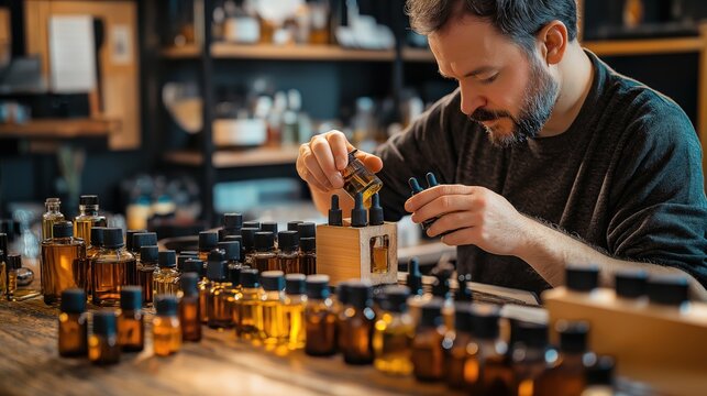 A perfumer carefully blends essential oils in a well-equipped workshop, 