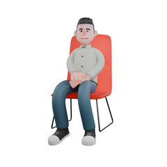 Fototapeta premium 3D Male Writer in Literary Profession. A male writer is sitting on a red chair with both palms stacked on his waist. Illustrated