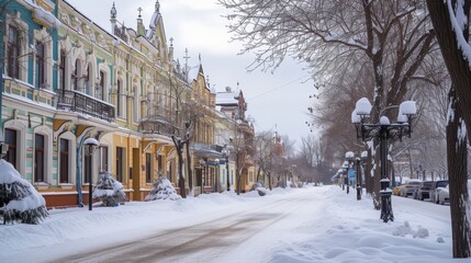 Obraz premium A peaceful winter scene featuring a snow-covered street lined with colorful historical buildings. Bare trees and vintage streetlights complete the quiet, serene atmosphere of this charming town.