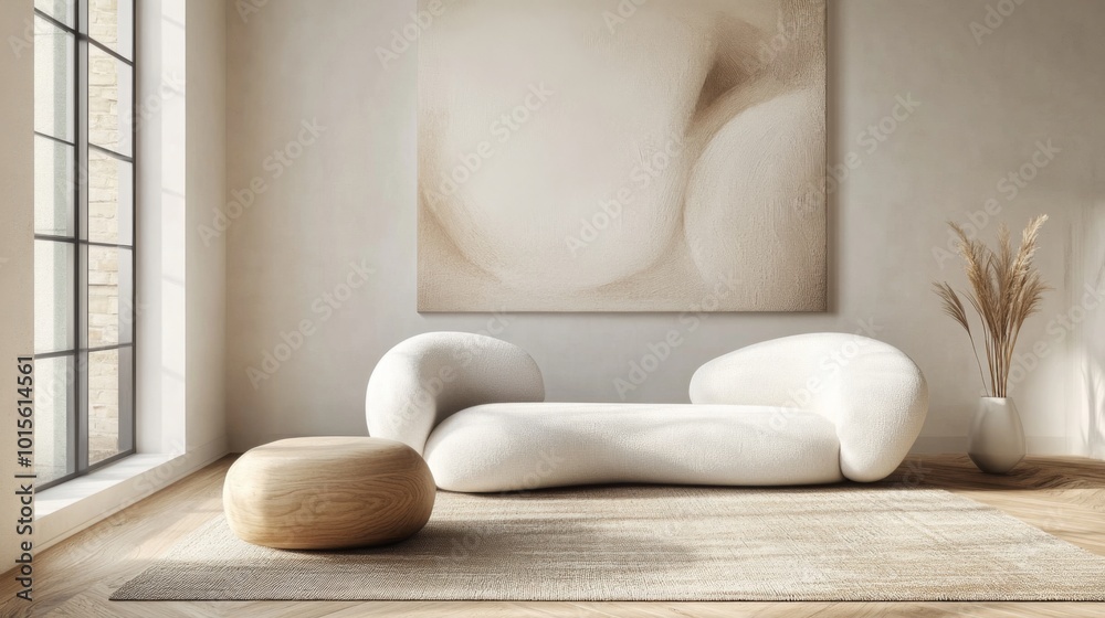 Poster A white couch with a rounded shape sits in a minimalist living room. The couch is positioned in front of a large window that looks out onto a view, though this is obscured