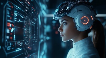 Fototapeta premium A female scientist with cybernetic panels on her head stands confidently in front of an AI interface screen. 