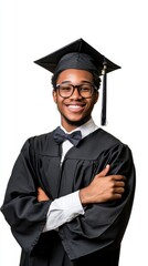 A proud graduate wearing a cap and gown, smiling confidently with arms crossed, symbolizing academic achievement and success.
