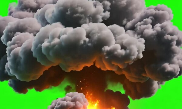 a terrible and very large explosion, similar to an atomic bomb explosion with fire and smoke rising high on a green screen