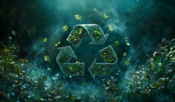 A visually striking design featuring a green Earth at the center, encircled by three interlocking triangles forming a recycled symbol.
