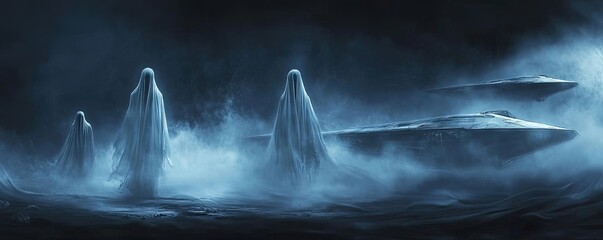 Eerie scene depicting ghostly figures emerging from fog near an unidentified flying object, evoking mystery and intrigue.