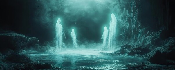 Ethereal beings emerge from a misty lake, surrounded by a mystical atmosphere and illuminated by a haunting light.