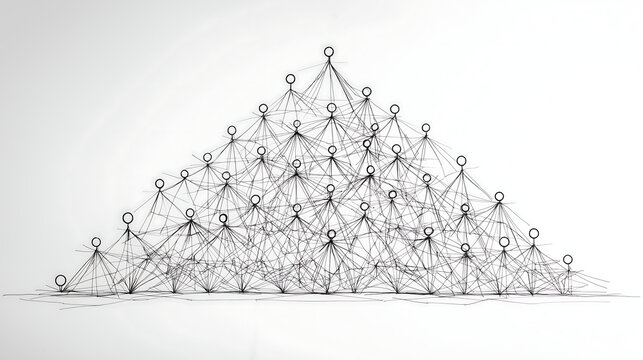 hand drawn illustration depicting a network of interconnected people  with lines connecting each individual forming a pyramid like structure