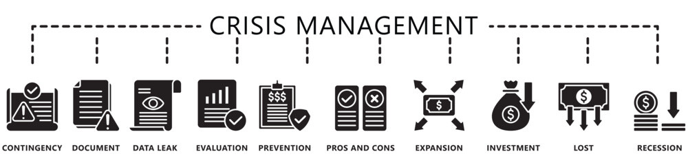 crisis management glyph icons set. contain evaluation, expansion, lost, investment, contingency, money and more. Vector EPS. for UI or UX kit, web and app, finance, education, business.