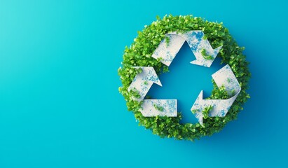  recycling symbols made from greenery floating against an isolated blue background, embodying themes of environmental awareness, sustainability, and social responsibility.  