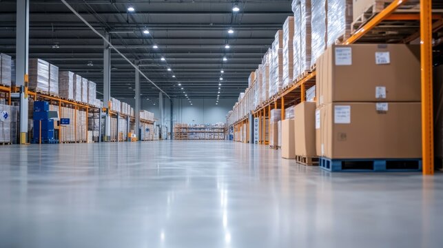 This climate-controlled warehouse is designed for pharmaceuticals, featuring metal shelving packed with boxes, bright LED lights, and organized storage zones that ensure safety