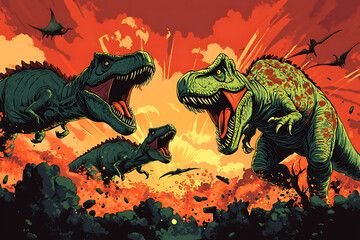 A dramatic illustration of dinosaurs battling amidst an explosive backdrop.