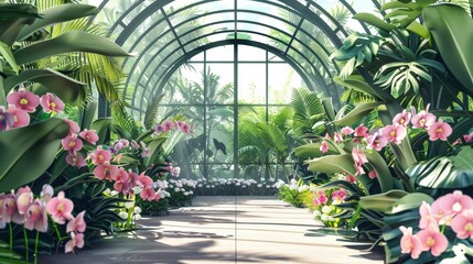 Obraz premium Graphic of a greenhouse filled with orchids flat design front view tropical conservatory theme 3D render Monochromatic Color Scheme