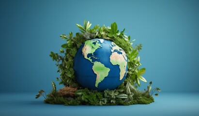 he Earth’s globe made entirely from lush greenery, symbolizing environmental awareness and the flourishing of society through sustainability and responsibility.
