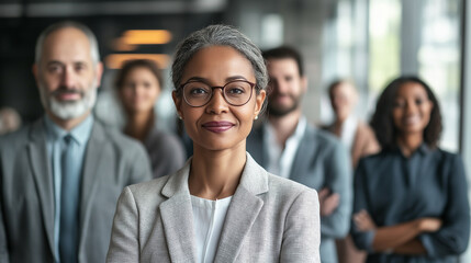 Obraz premium Confident Businesswoman in Glasses Leading Team in Office Meeting