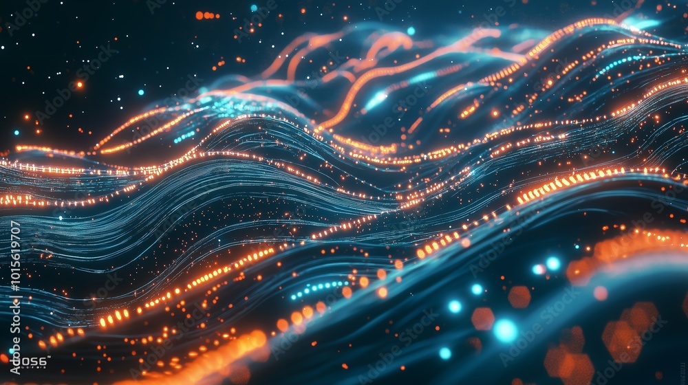 Poster glowing data streams in intricate wave patterns