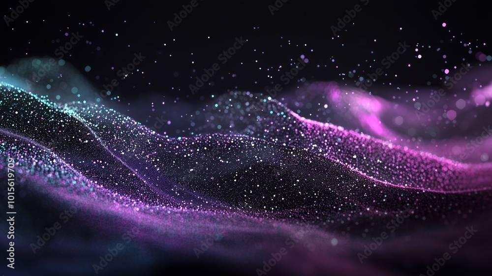 Poster shimmering abstract data flow wave with particles