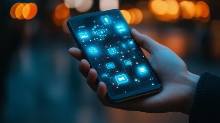 A hand holding a smartphone with glowing app icons, representing the digital world and mobile technology.