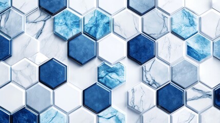 A modern, minimalist design featuring an array of blue and white hexagons with transparent glass-like textures, creating the illusion that they float above each other on top of marble surfaces.