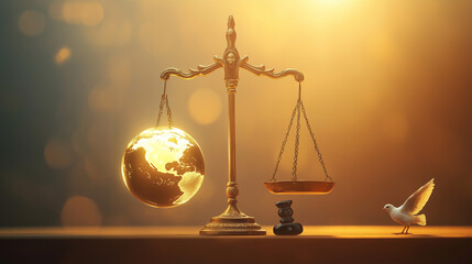 An artistic representation of a balanced scale, with one side holding a glowing globe and the other side filled with symbols of justice