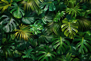 A lush green jungle with a blue sky background.,