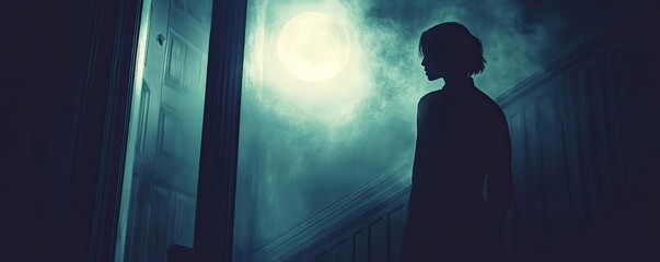 Fototapeta premium A haunting silhouette stands in moonlight, casting an eerie shadow in a mysterious hallway, evoking feelings of suspense and intrigue.