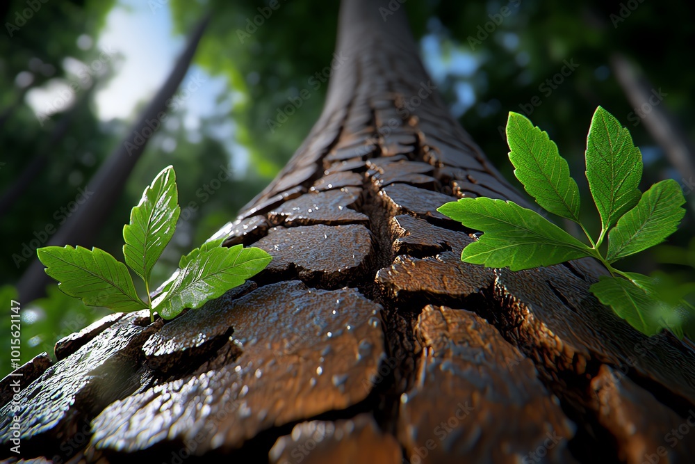Poster hyper-realistic forest scene, showing the intricate textures of the tree bark, leaves, and the play 