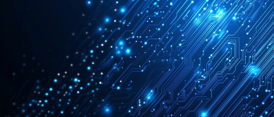 Abstract blue circuit board background vector presentation design, with glowing lights and dots, featuring techy elements on a dark blue color background.
