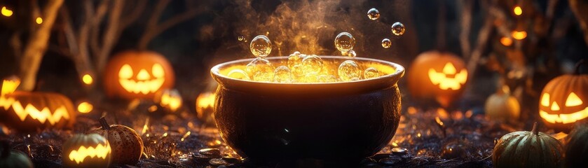 A spooky Halloween scene featuring a bubbling cauldron surrounded by glowing jack-o'-lanterns, perfect for festive imagery.