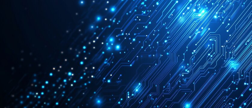 Abstract blue circuit board background vector presentation design, with glowing lights and dots, featuring techy elements on a dark blue color background.