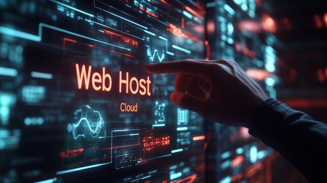 A hand points at a digital screen with the words 'Web Host' highlighted, surrounded by futuristic data and coding.