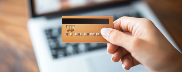 Hand holding a credit card near a laptop on a wooden surface.