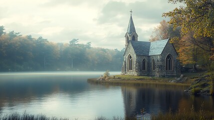 Obraz premium A historic stone church with rustic wall sits beautifully against a calm clear background
