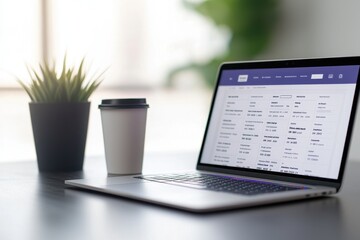 Laptop on table with coffee cup and plant, modern workspace ambiance.