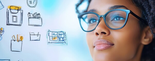 Thoughtful woman envisioning innovative ideas with digital sketches around her.