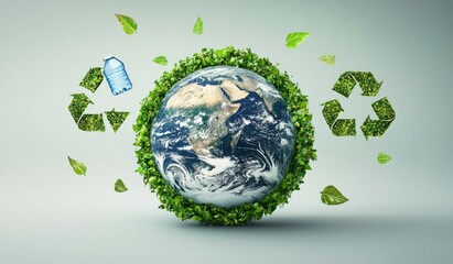 Fototapeta premium a globe made from greenery, surrounded by three interlocking triangles in various shades of blue, symbolizing water packaging