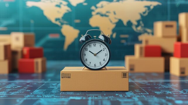 Alarm clock on a cardboard box with a world map background.