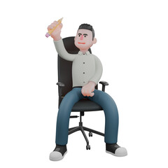 3D Male Writer in Action. A male writer is sitting while lifting a pencil. Professional Literary